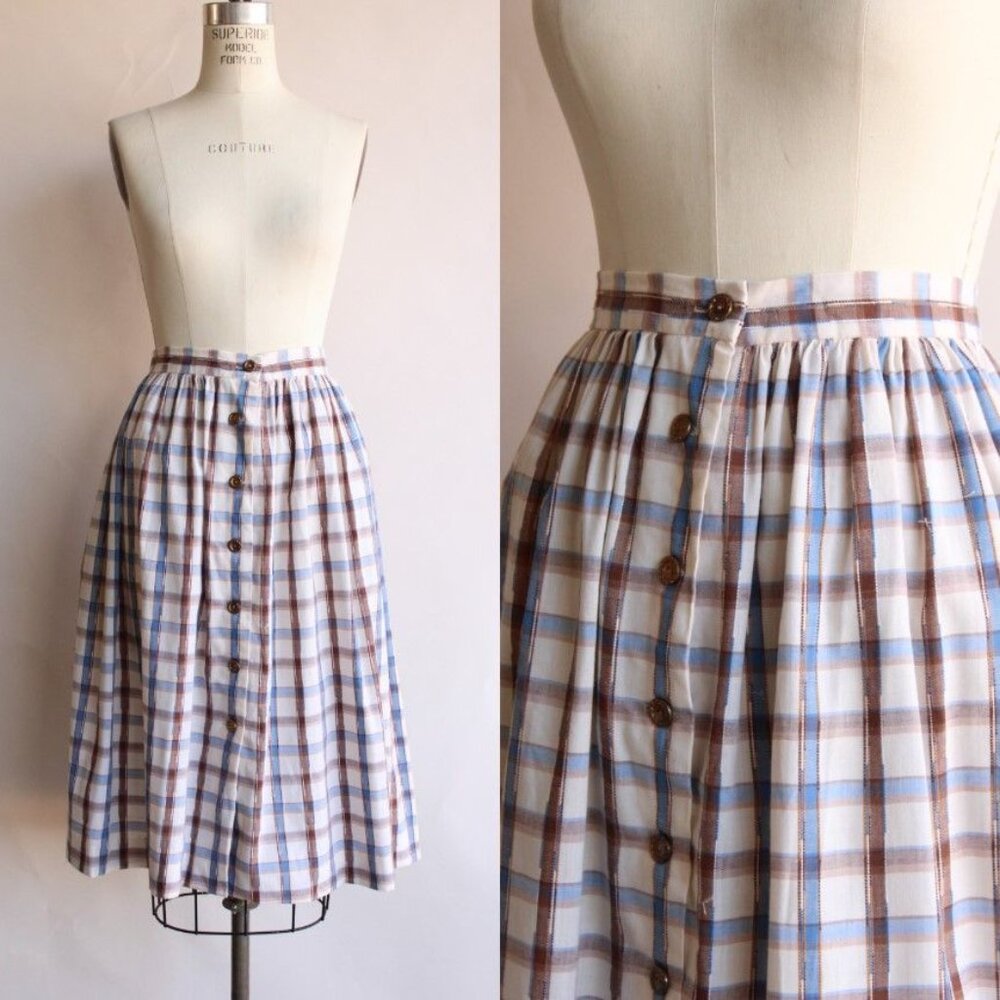 Vintage 1960s 1970s Skirt, Plaid Blue and Brown Check Tartan Full Circle Skirt